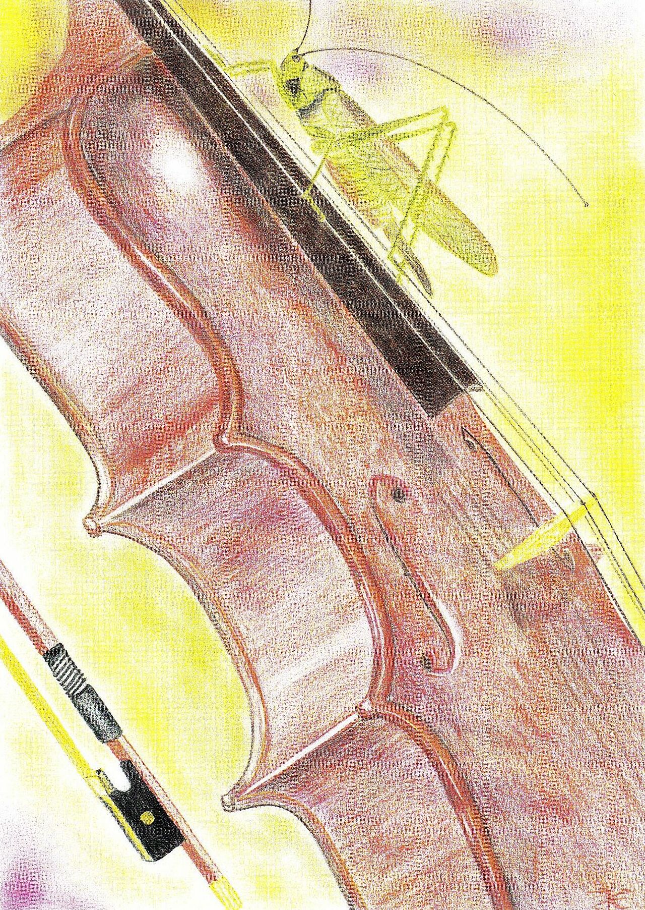 Kunstwerk: Geige mit Grashüpfer